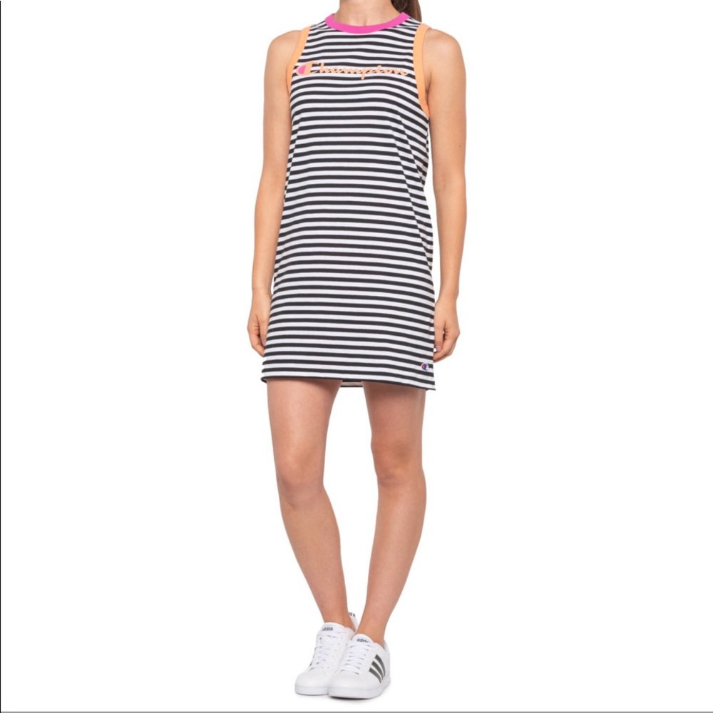 🆕 Champion Campus Tank Dress Sleeveless Black & white stripes